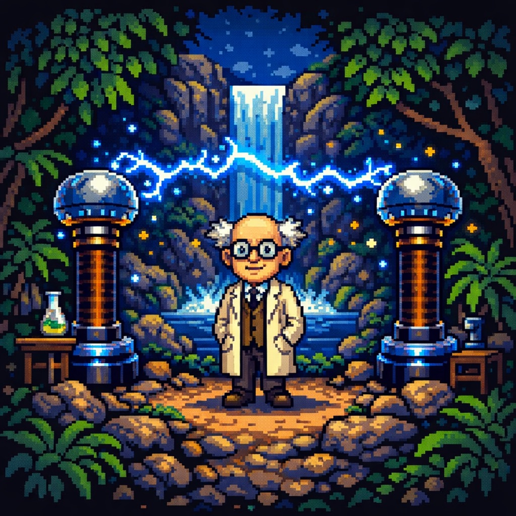 Fritz — the experimentation-obsessed scientist NPC in Biomarker Village, standing between Tesla coils in his laboratory